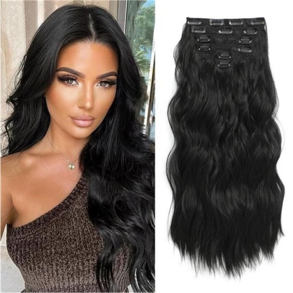 6PCS Long Wavy Curly Clip on Hair Extensions Black